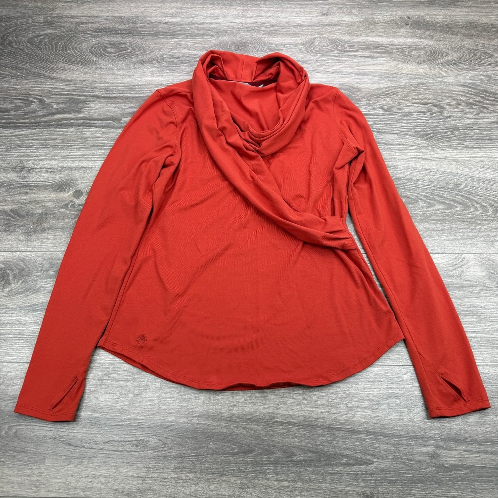 Athleta Shirt Women Medium Burnt Orange Faux Wrap Thumbholes Long Sleeve Stretch
